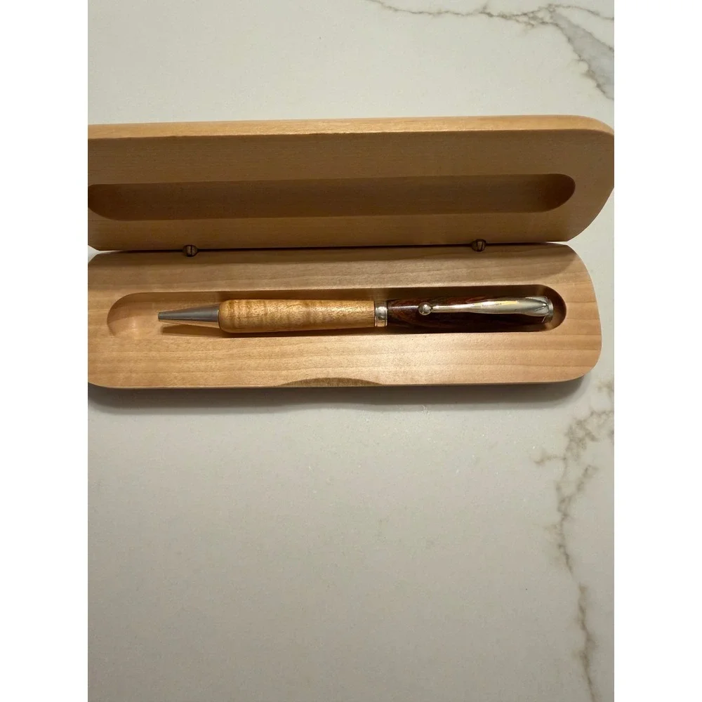 Handmade Two Tone Exotic Wood Ballpoint Pen with Solid Wood Hinged Gift Case